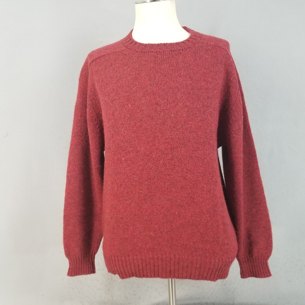 Lands End Sweater Men L Red Shetland Wool Crew Neck Made in UK Luxury Knit